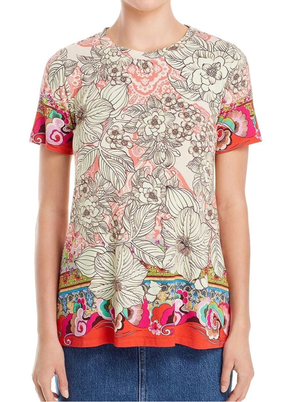 Johnny Was Cream Floral Short Sleeve Rayon Tee with Coral Border